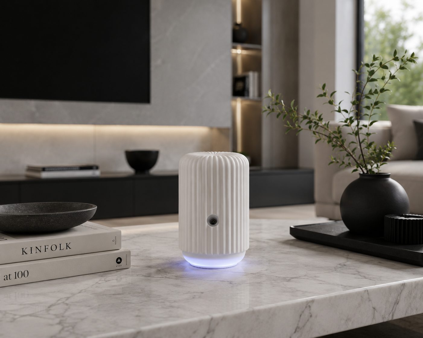 Scentsy Solo smart cordless diffuser on a marble coffee table in a modern luxury living room