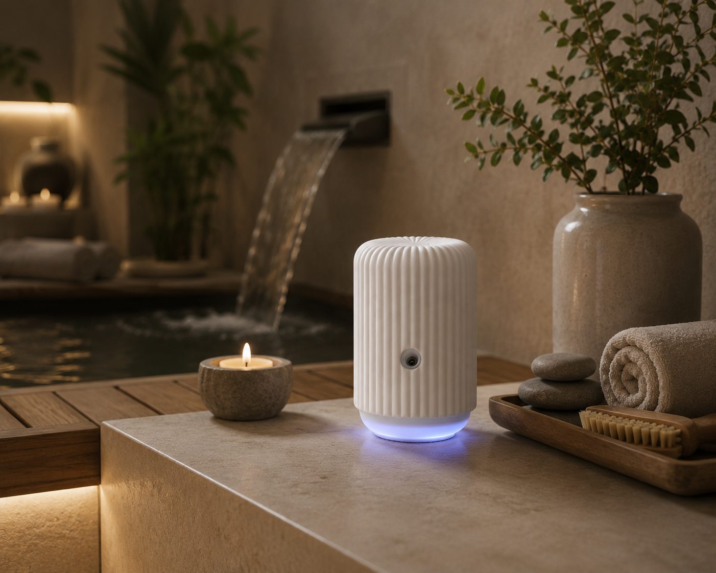 The Scentsy Solo on a spa-inspired bathroom counter with eucalyptus and natural stone